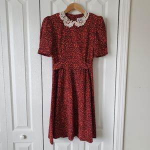 Vintage Red Peter Pan Collar Dress puff sleeve shoulder pads cottagecore